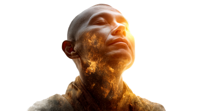 Portrait of a serene person embracing cosmic energy during meditation