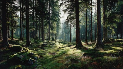 Obraz premium Serene evergreen forest tall stately conifers bathed in soft morning light their shadows playing gently over a carpet of moss and pine needles