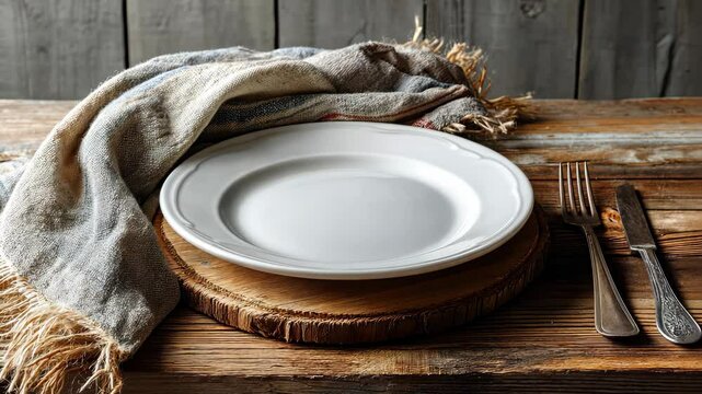 A minimalist table setting featuring a fork and napkin on a simple plate.