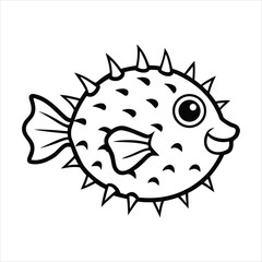 Fototapeta premium Black and White Cartoon Drawing of a Happy Pufferfish for Coloring