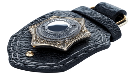 Police badge on leather holder with transparent background