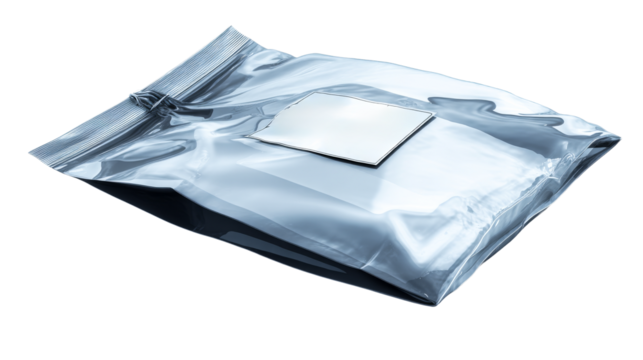 Silver foil bag with flat surface and transparent background