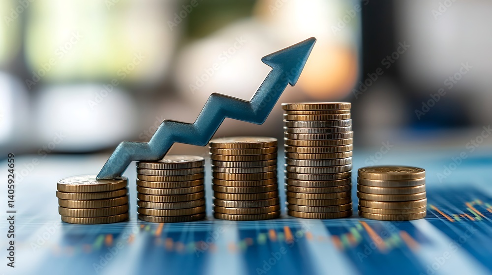 Poster financial growth with coin stacks and upward arrow, stacks of coins with an upward arrow symbolizing