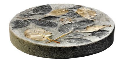 Round stone with leaves on a clear background