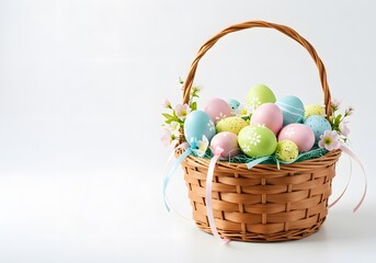 Aesthetic Basket of painted easter eggs on a colorful pastel background minimal creative