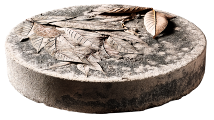Leaves resting on a circular stone surface in autumn