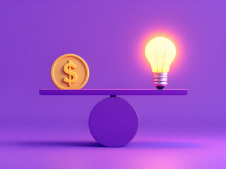 Balance scale with a single golden coin on the left side and a glowing lightbulb on the right side, against a solid purple background
