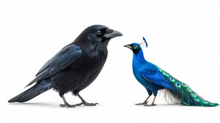 Obraz premium Flat Design Image of a Crow and a Vibrant Blue Peacock on a White Background
