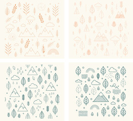 Hand-Drawn Outdoor Pattern Set Botanical, Weather, and Landscape Elements