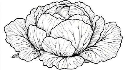 Black and white detailed cabbage line art illustration.