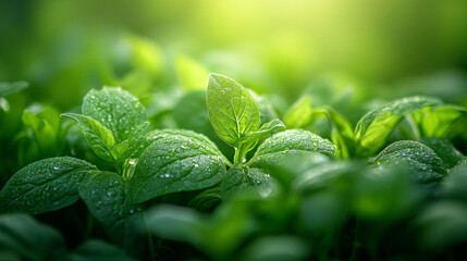 Vibrant green dew drops on lush young plants growing in sunlight leaf fresh macro.