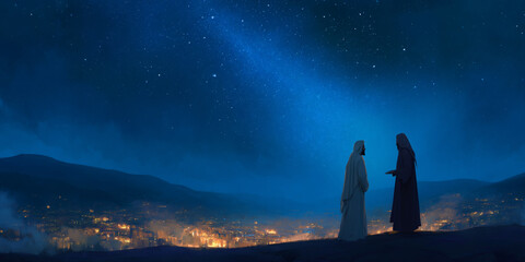 Conversation Between Jesus and Nicodemus at Night Under the Starry Sky
