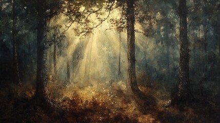 Obraz premium Rustic woodland scene scattered rays of sunlight piercing through dense foliage accentuating the rugged textures of time worn tree bark