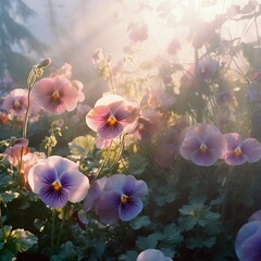 purple pansies glowing in garden sunlight
