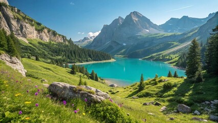 Beautiful mountain lake view with clear water and scenic nature landscape