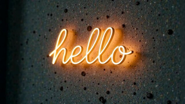 Bright neon sign spelling hello in cursive script glowing on a dark, speckled, textured wall background, concept of greeting or welcome
