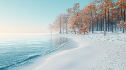 Obraz premium Winter wonderland beach scene. Tranquil, frosted forest shoreline meets tranquil water