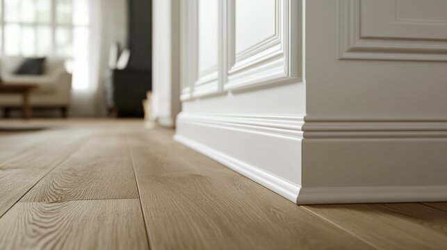 Carpenter installing baseboards in a living room. Featuring craftsmanship and precision