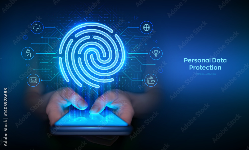 Poster fingerprint scan on a smartphone. personal data protection concept. cyber security. hologram fingerp
