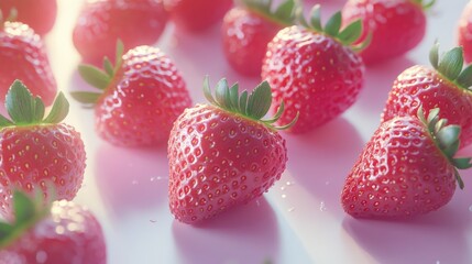 Multiple fresh strawberries with vibrant red color and detailed textures against a white background. Soft shadows enhance the appetizing fruit composition in macro photography. illustration