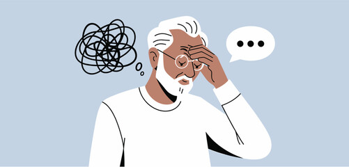 Elderly man with a confused expression, tangled thoughts, and a speech bubble with ellipses
