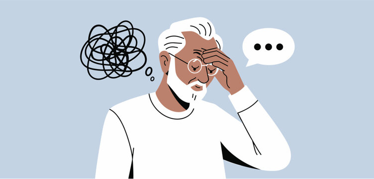 Elderly man with a confused expression, tangled thoughts, and a speech bubble with ellipses
