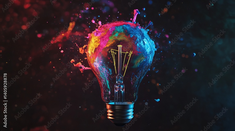 Poster illuminated lightbulb surrounded by vibrant paint splashes on a dark background creating a dynamic e