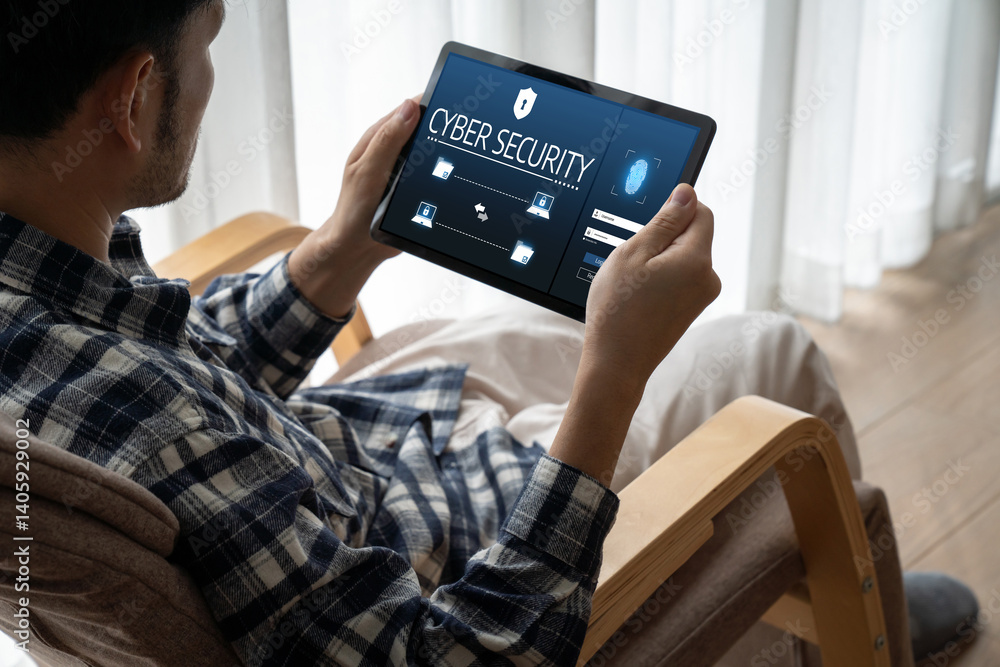 Poster cyber security system on computer screen protect private information snugly from hacker and cyber at