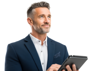 Thoughtful Businessman with Tablet Looking Upwards