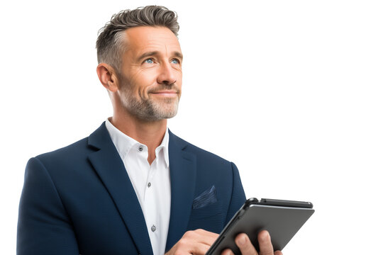 Thoughtful Businessman with Tablet Looking Upwards - Powered by Adobe