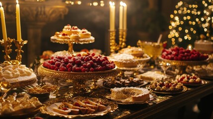 Naklejka premium A richly decorated table displaying various desserts and sweet treats