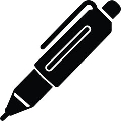 Black and white silhouette of a pen, clean bold vector icon for everyday object design and branding