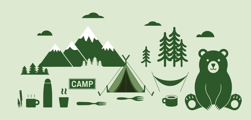 Fototapeta premium Camping icons and elements in a flat design style 