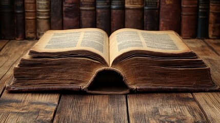 Open antique book on a wooden table, with a blurred bookshelf background, showing aged pages and classic study