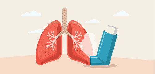 Illustration of lungs and an inhaler, asthma treatment concept
