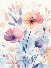 Flower watercolor art background vector. Wallpaper design with floral paint brush line art. leaves and flowers nature design for cover, wall art, invitation, fabric, poster, canvas print. illustratio