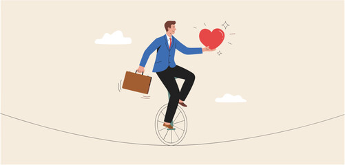 Businessman riding a unicycle on a tightrope while holding a briefcase and a glowing heart

