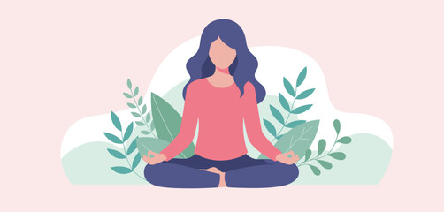 Young woman practicing meditation in lotus pose for wellness and mindfulness, flat style vector illustration with calm vibe
