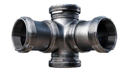 Detailed black pipe fitting with four connection points and threads