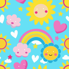 Vibrant Playful Cartoon Pattern Featuring Smiling Suns, Hearts, Clouds, and Rainbows