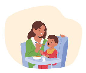 Happy mother feeding little baby son giving porridge from spoon isolated cartoon scene on white