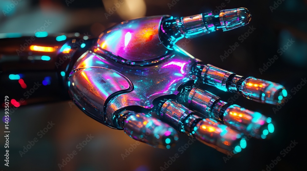 Poster a shiny metallic robot hand with vibrant colorful reflections extending outward in a dark setting