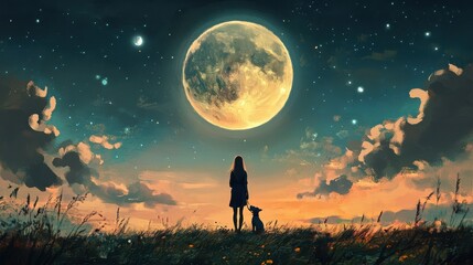 young woman with dog at beautiful night with huge moon above,illustration painting illustration