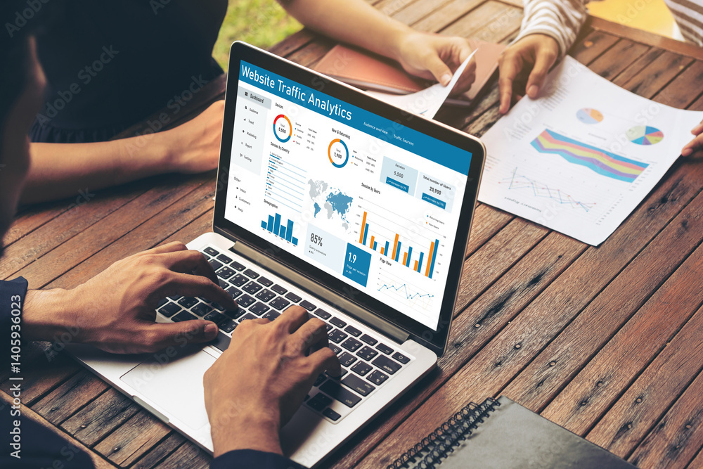 Poster computer software for website traffic analytics data on computer screen. concept of seo search engin