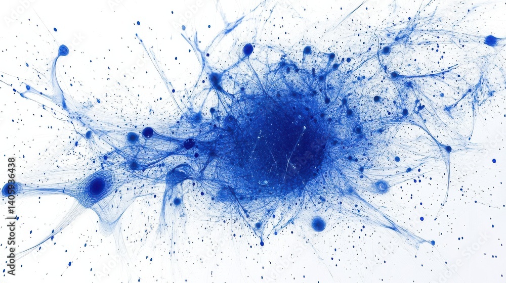 Poster a white background with dots and lines depicting a blue network. an abstract network technology back