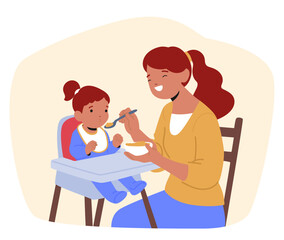 Cheerful mother feeding innocent daughter with baby meal feeling adoration and pleasure scene