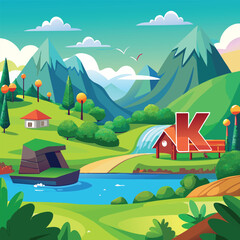 Fototapeta premium Colorful landscape scene with mountains, trees, a river, and a waterfall. Large letter K in the middle ground
