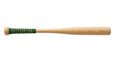 Naklejka premium A classic wooden baseball bat with a vibrant green grip tape lies isolated on a white background ready for action 