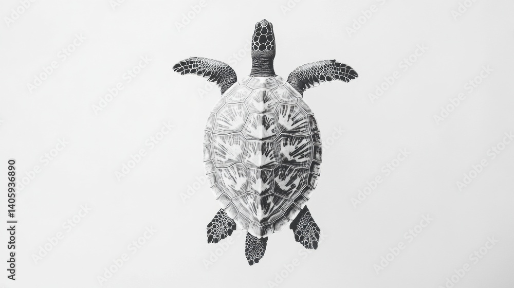 Poster Top-down view of a patterned turtle resting on a minimalist white background, showcasing its unique shell design and natural beauty in calm surroundings