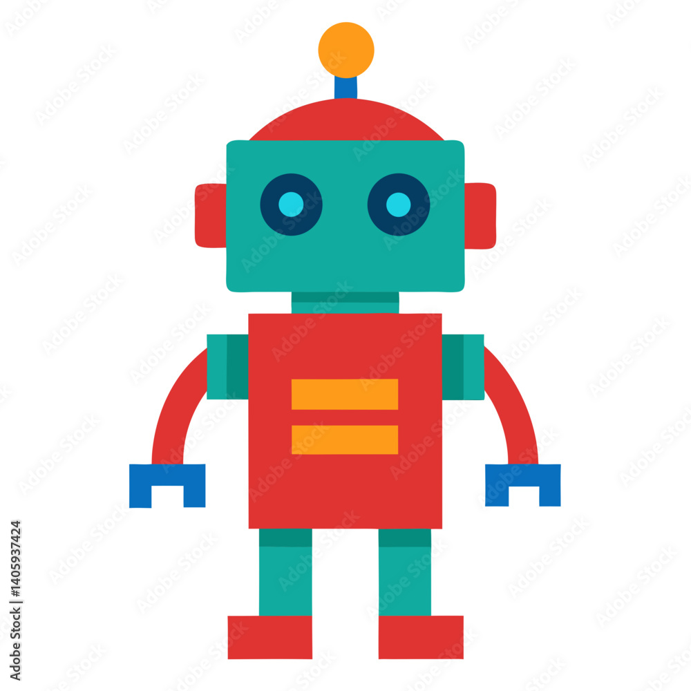 Poster friendly bot: a colorful, cheerful robot character stands tall and proud, inviting you into a world 